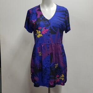 Obey Tempt Dress Tropical Print Button Up Front V Neck Women's Small Oversized